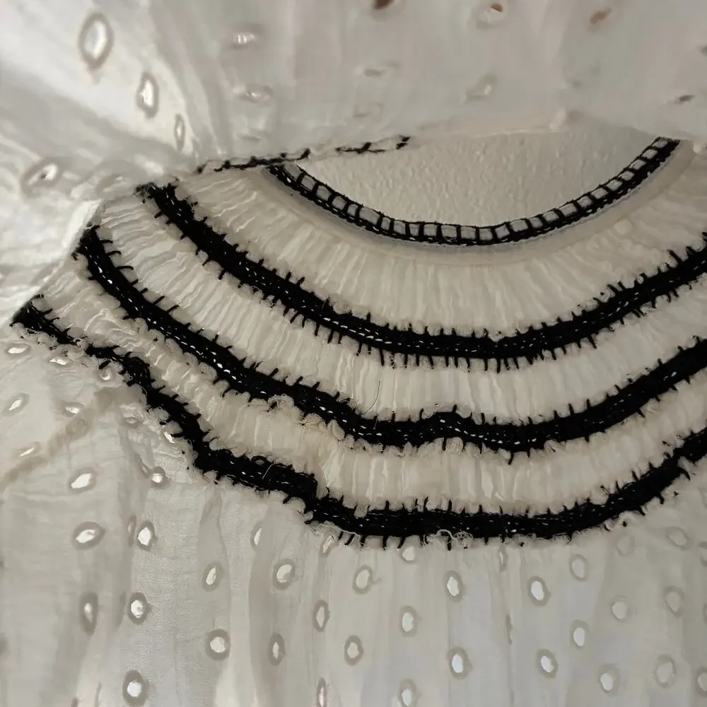 Lulus White Eyelet Cotton Blouse Black Trim Mock Neck Long Sleeve XS - Picture 9 of 12